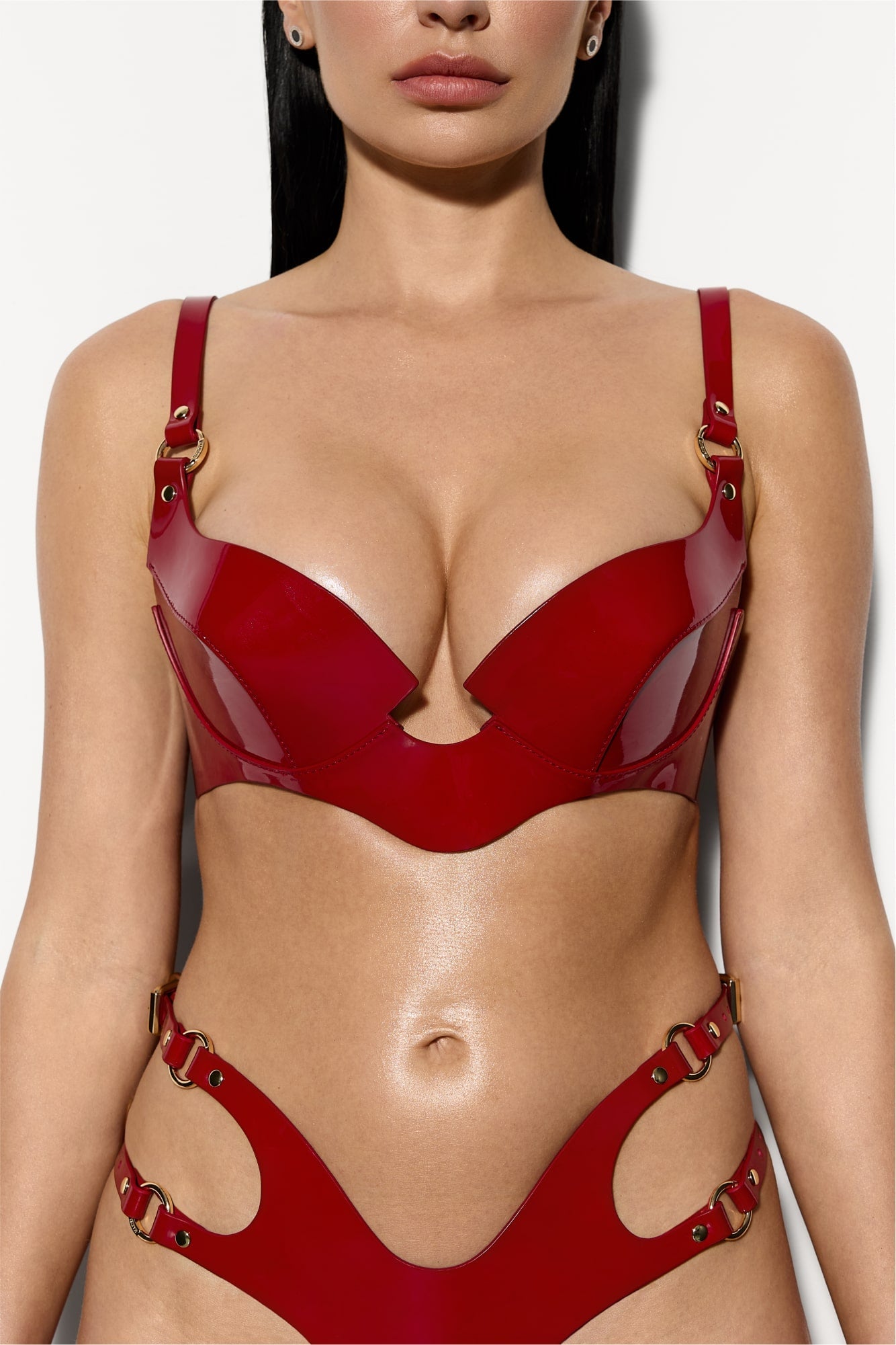 Sakura Lacquer Leather Bra in Red